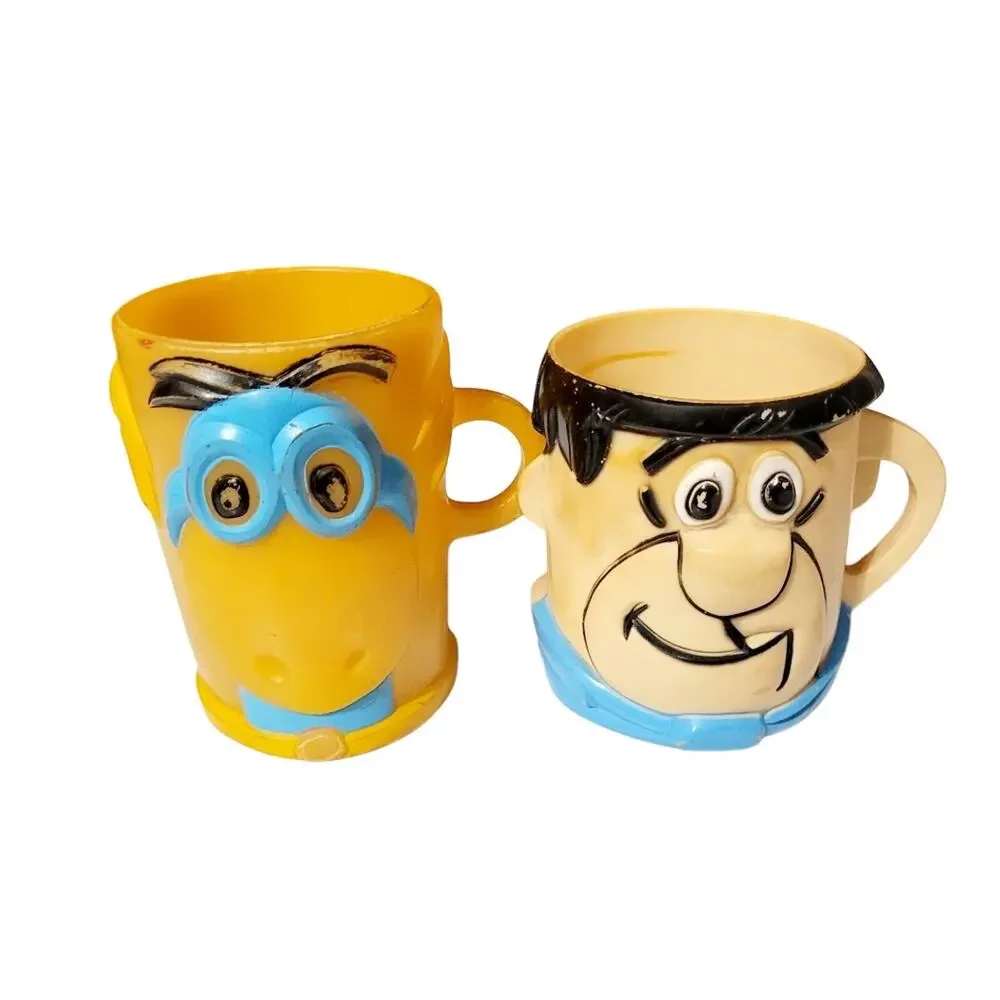 Vintage 1968 Hanna Barbara Flinstone Plastic Mugs Fred & Dino Vitamin Mugs Cups
